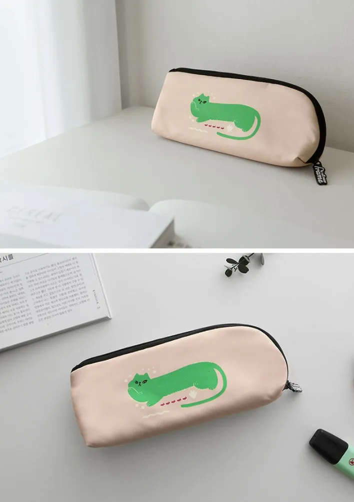 Beige Green Cat Graphic Pencil Cases Stationery Zipper School 19cm Office Cosmetics Pouches Artists Designer Prints Gifts Bags P