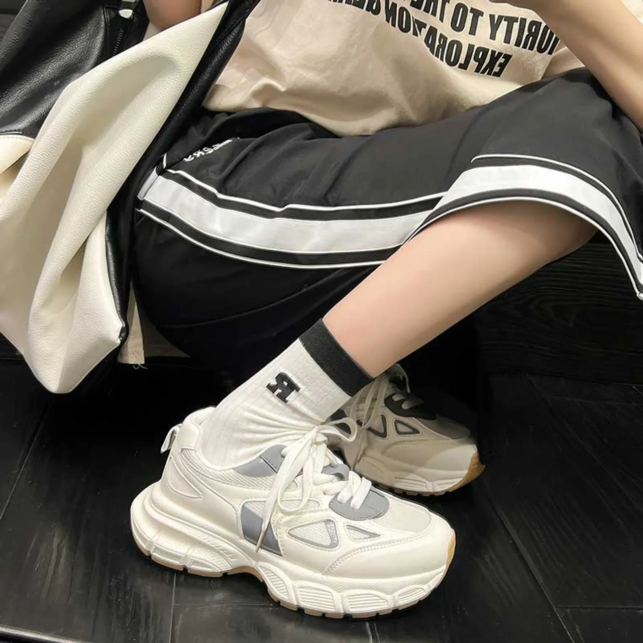 Beige mesh vamp thick sole casual shoe sneaker