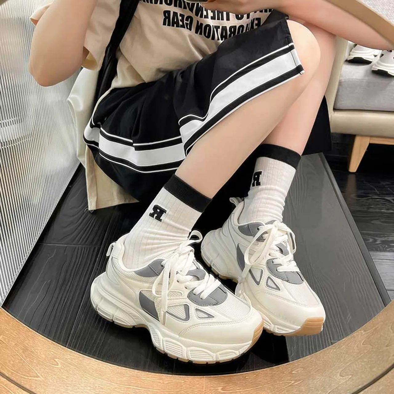 Beige mesh vamp thick sole casual shoe sneaker