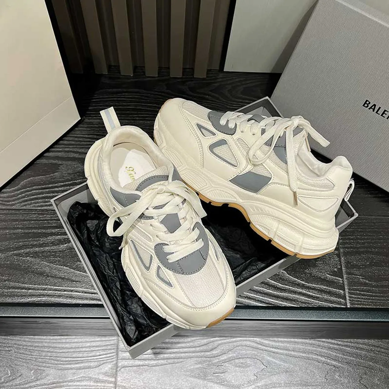 Beige mesh vamp thick sole casual shoe sneaker