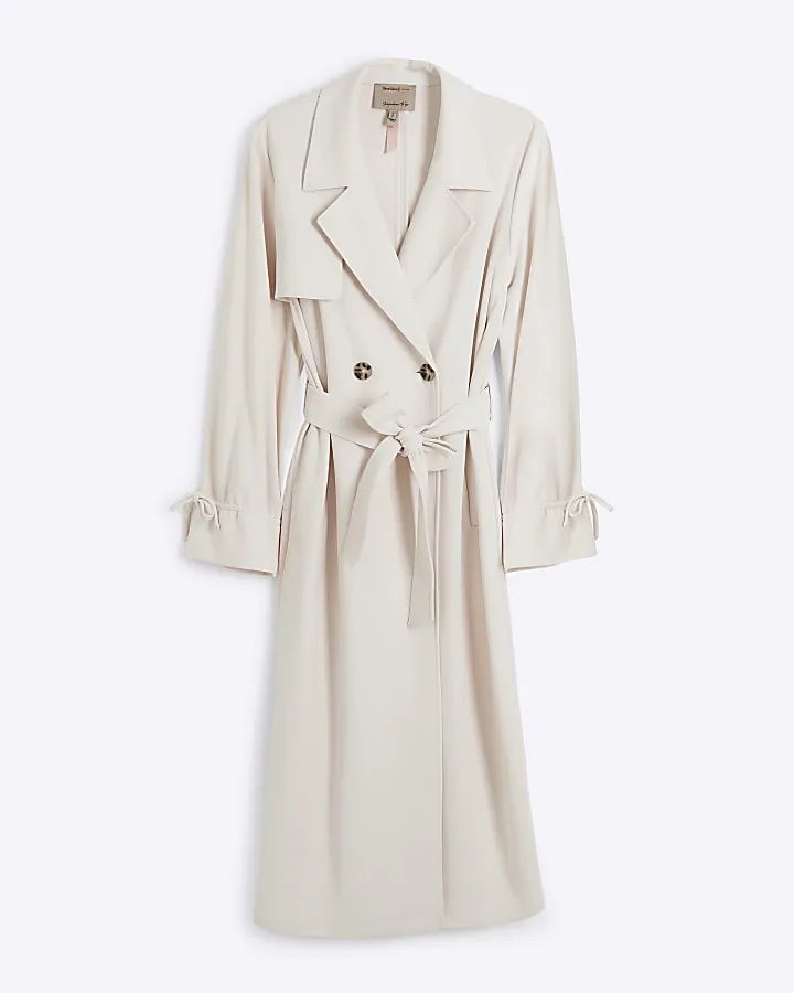 Beige tie cuff belted trench coat