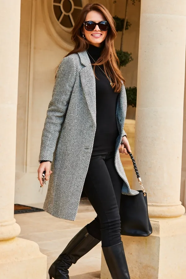 Black & White Herringbone Wool Mix Coat