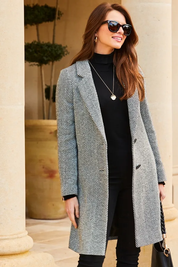 Black & White Herringbone Wool Mix Coat