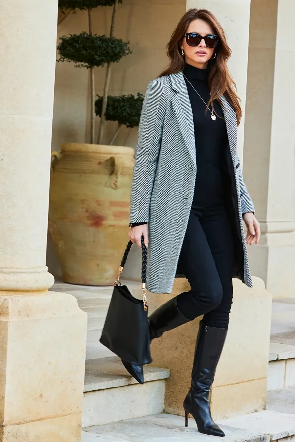 Black & White Herringbone Wool Mix Coat