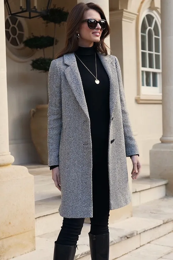 Black & White Herringbone Wool Mix Coat