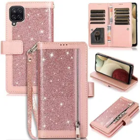 Bling Wallet Case with Wrist Strap for Samsung A12