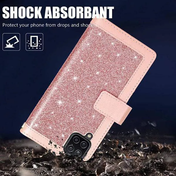 Bling Wallet Case with Wrist Strap for Samsung A12