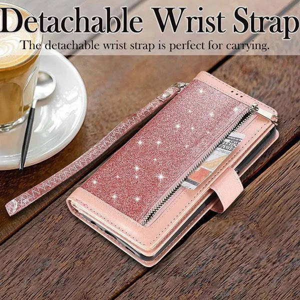 Bling Wallet Case with Wrist Strap for Samsung A12