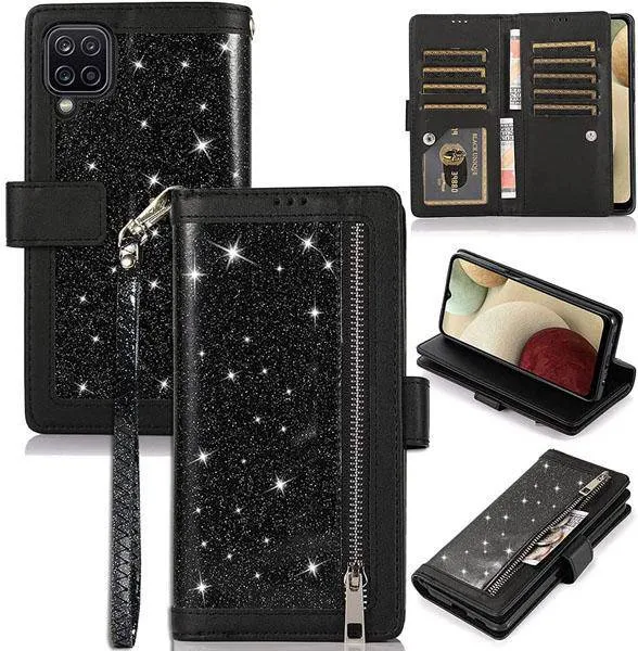 Bling Wallet Case with Wrist Strap for Samsung A12