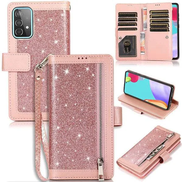 Bling Wallet Case with Wrist Strap for Samsung A32(5G)