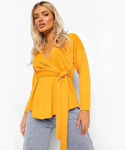 boohoo Womens Tie Waist Wrap Longsleeve Blouse