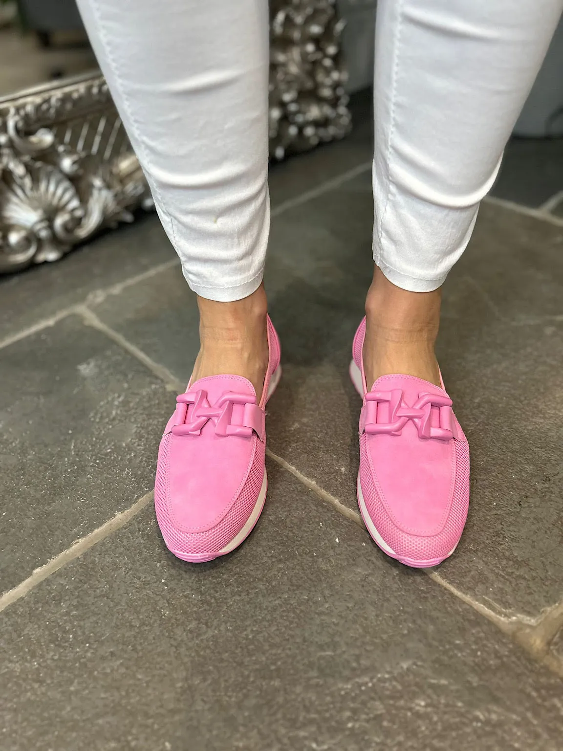 Candy Pink Chain Detail Mesh Loafer Size 5