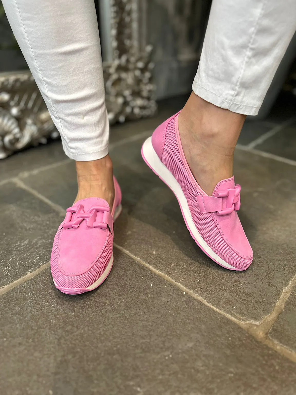 Candy Pink Chain Detail Mesh Loafer Size 5