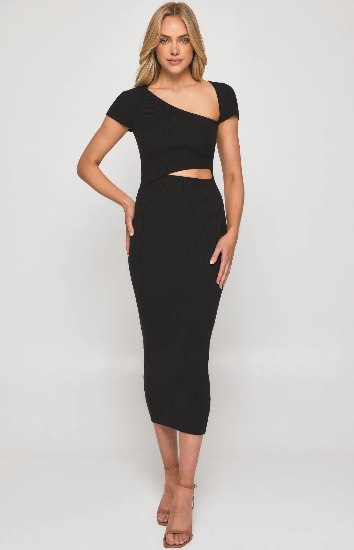 Contrast Binding Knit Midi Dress with Asymmetric Cut Out (SKN641) 