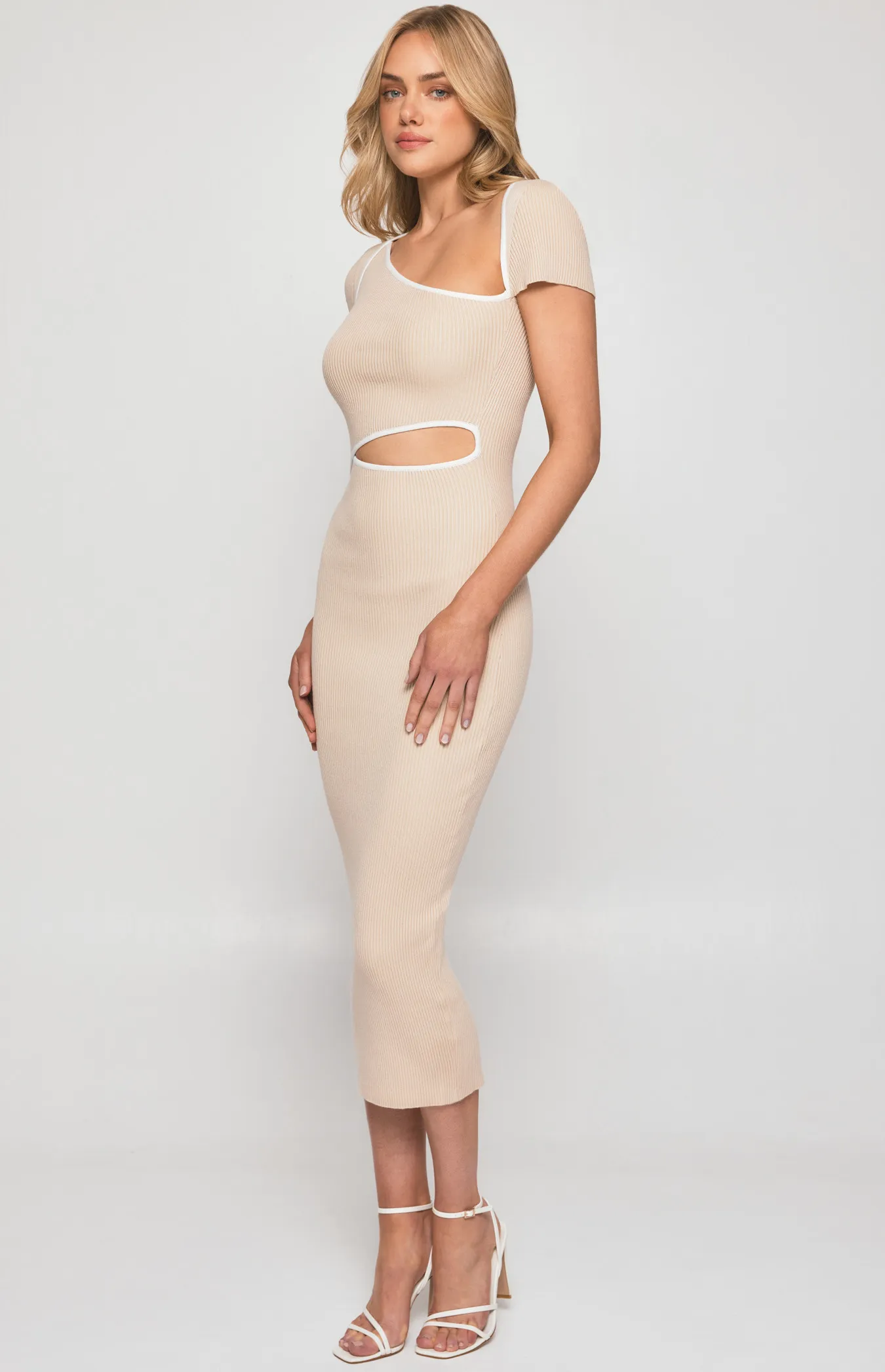 Contrast Binding Knit Midi Dress with Asymmetric Cut Out (SKN641) 