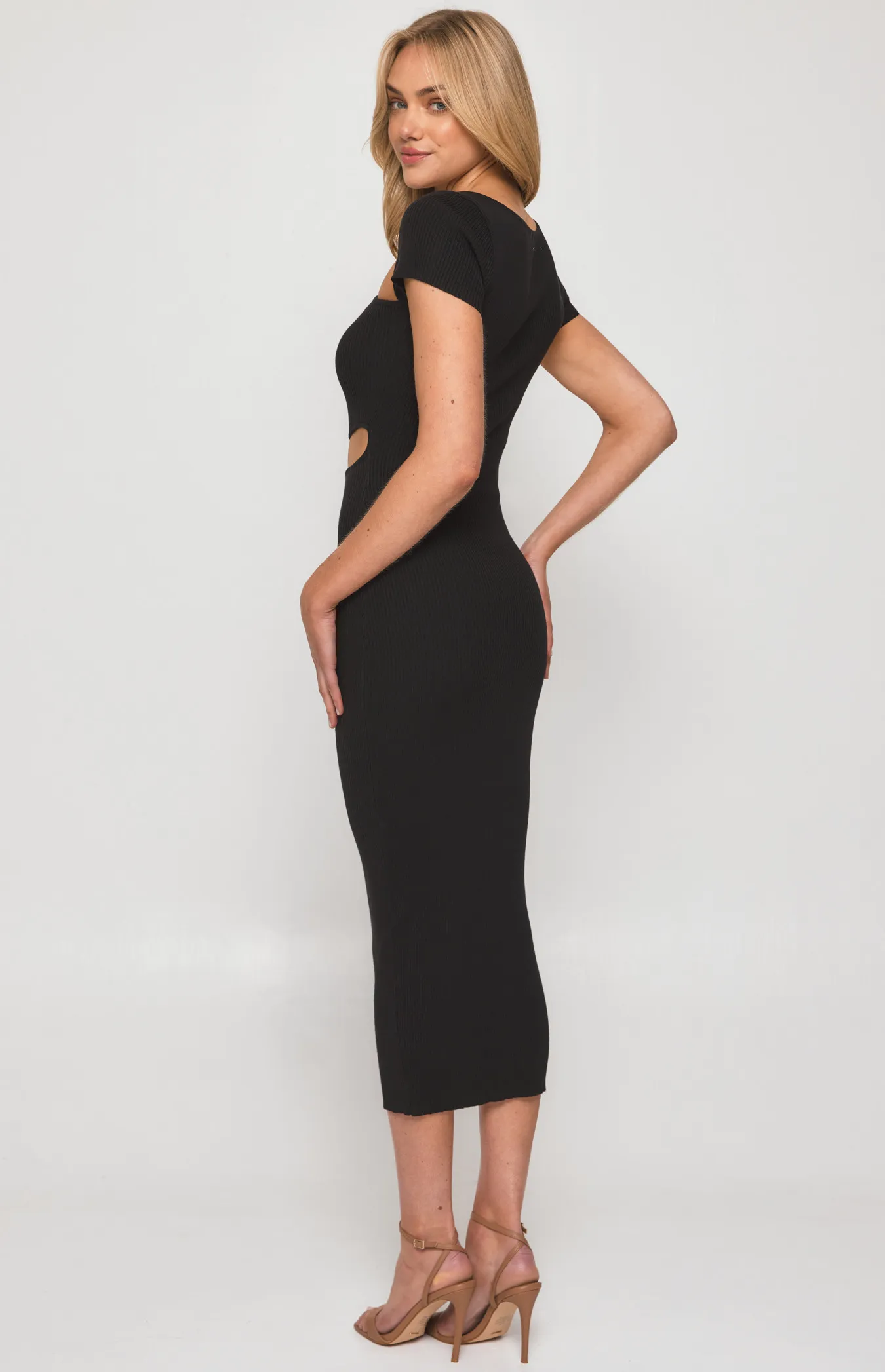 Contrast Binding Knit Midi Dress with Asymmetric Cut Out (SKN641) 