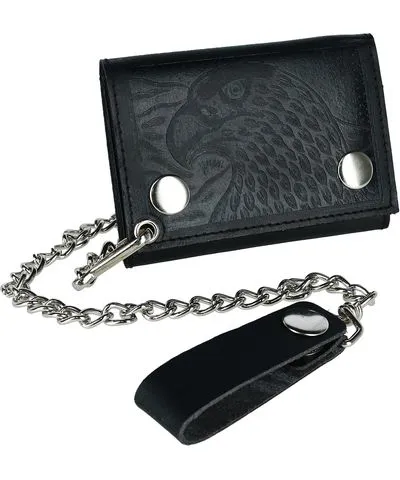 CTM Men's Leather Eagle Imprint Trifold Chain Wallet