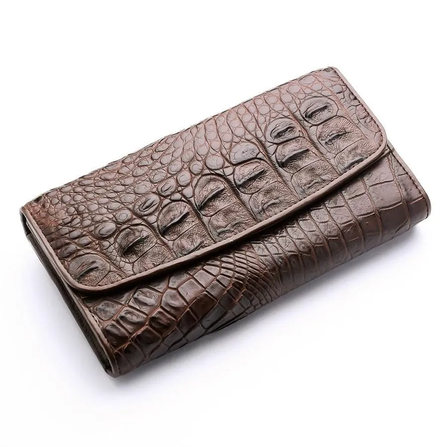 Dark Brown Genuine Crocodile Backbone Skin Womens Wallet