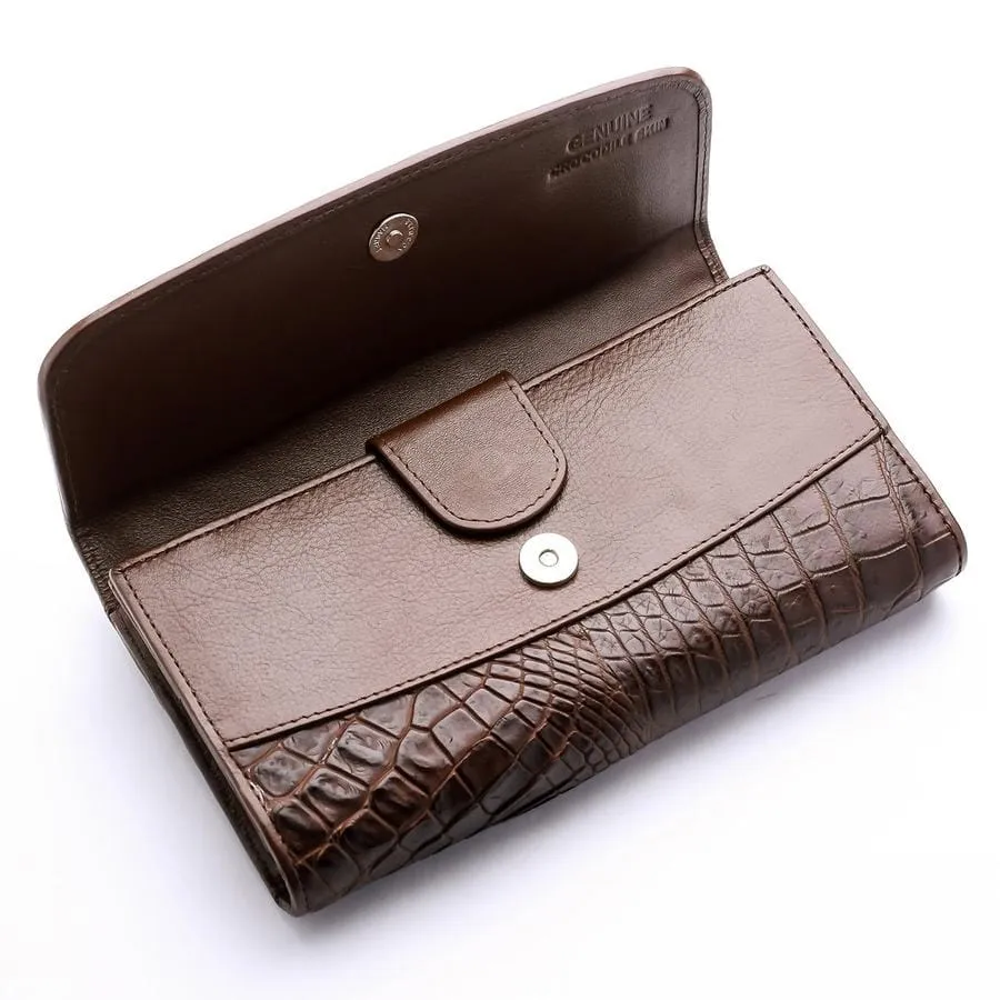 Dark Brown Genuine Crocodile Backbone Skin Womens Wallet