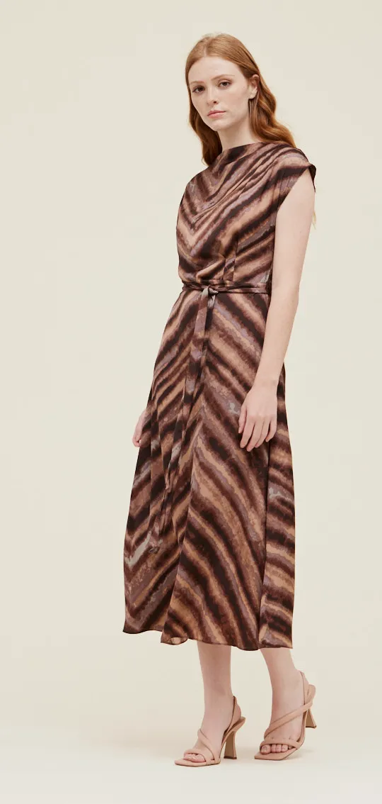 Drape Front Satin Print Midi Dress