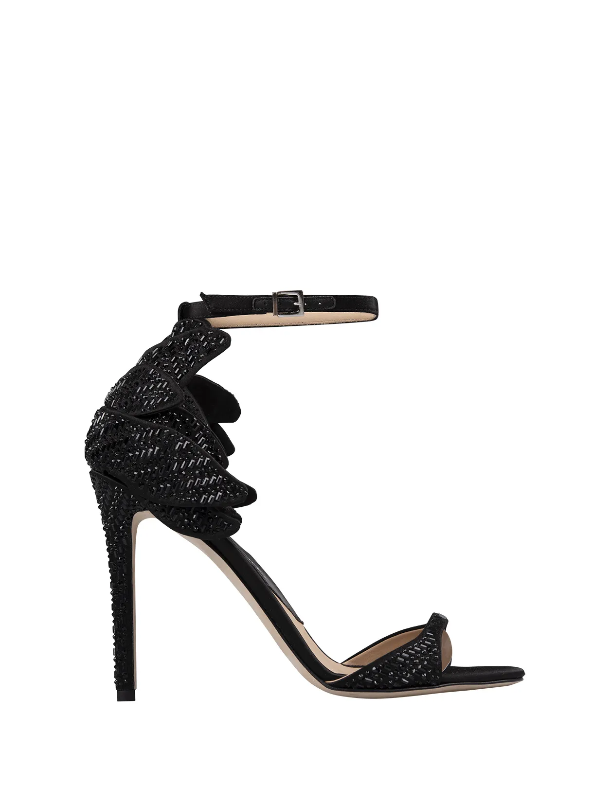 ERMANNO SCERVINO Black Satin Sandals With Crystals and Flower Detailing