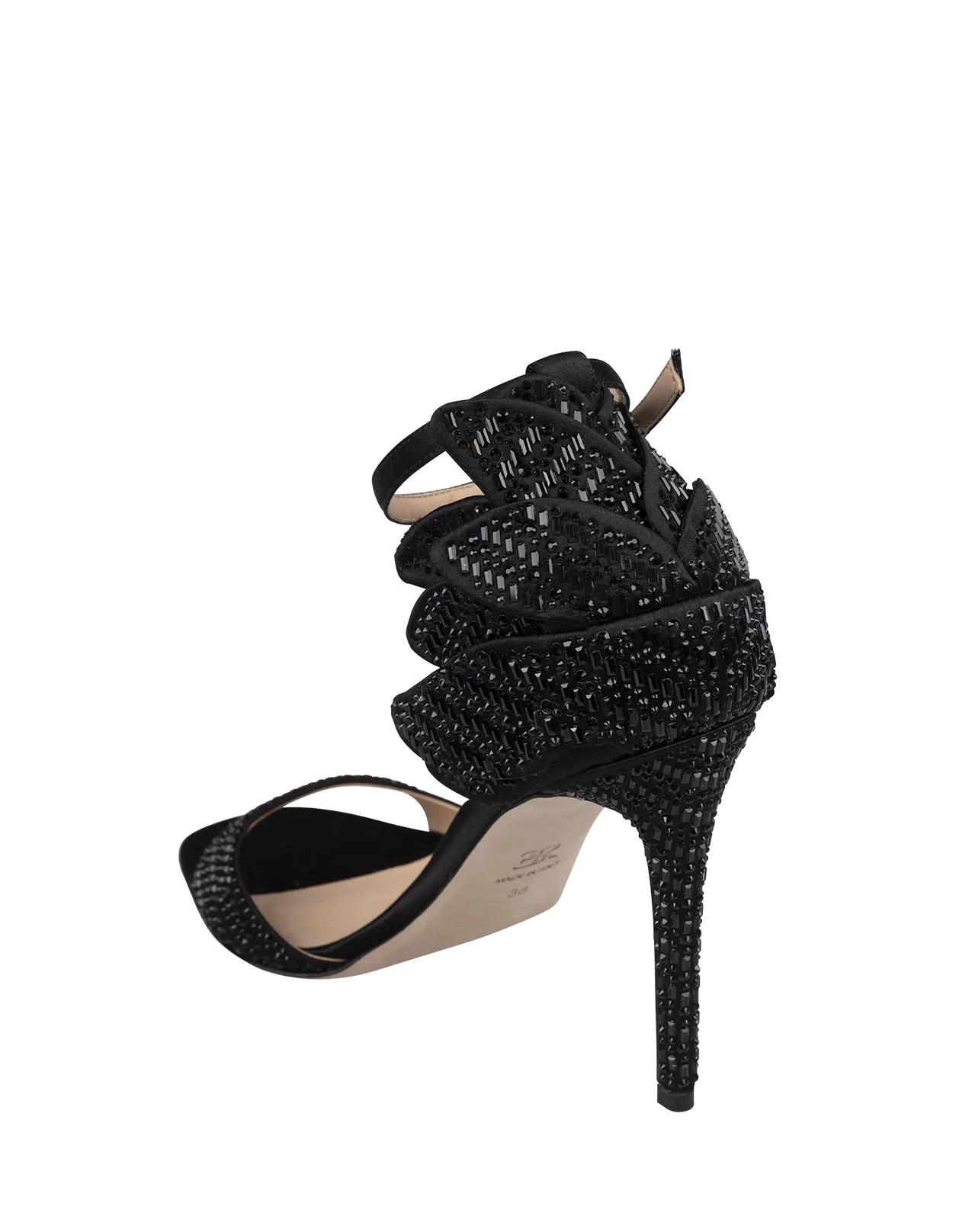 ERMANNO SCERVINO Black Satin Sandals With Crystals and Flower Detailing