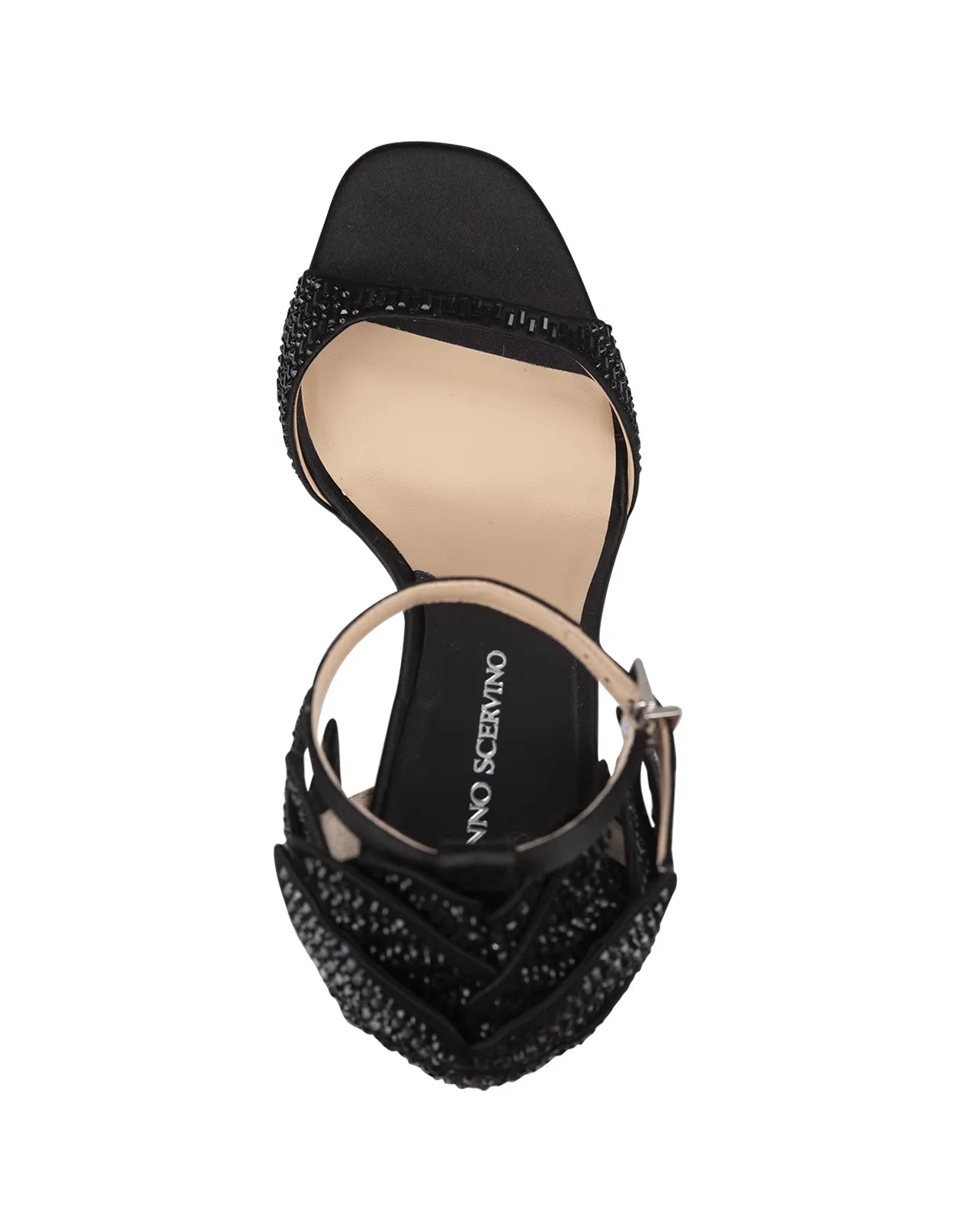 ERMANNO SCERVINO Black Satin Sandals With Crystals and Flower Detailing