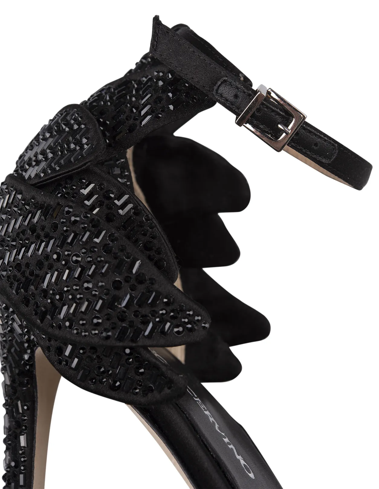 ERMANNO SCERVINO Black Satin Sandals With Crystals and Flower Detailing