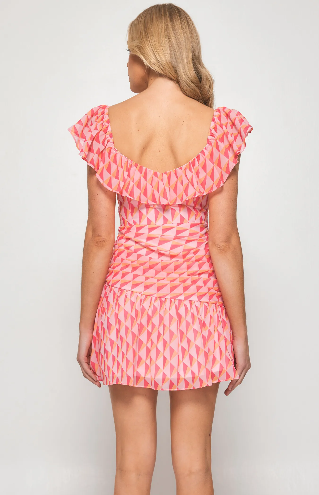 Geometric Print Pleated Front Dress with  Frill Neckline (WDR535A)