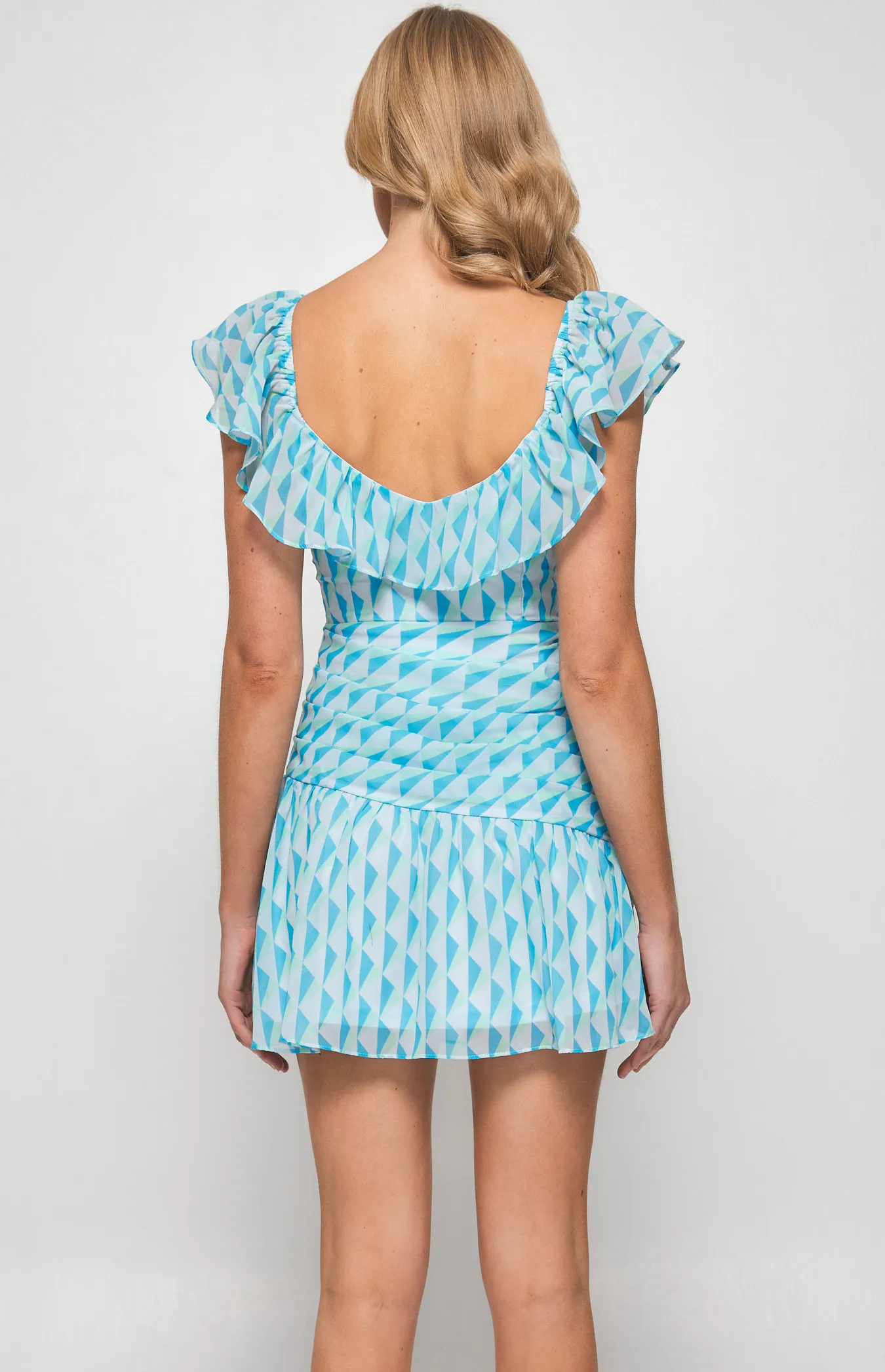 Geometric Print Pleated Front Dress with  Frill Neckline (WDR535A)