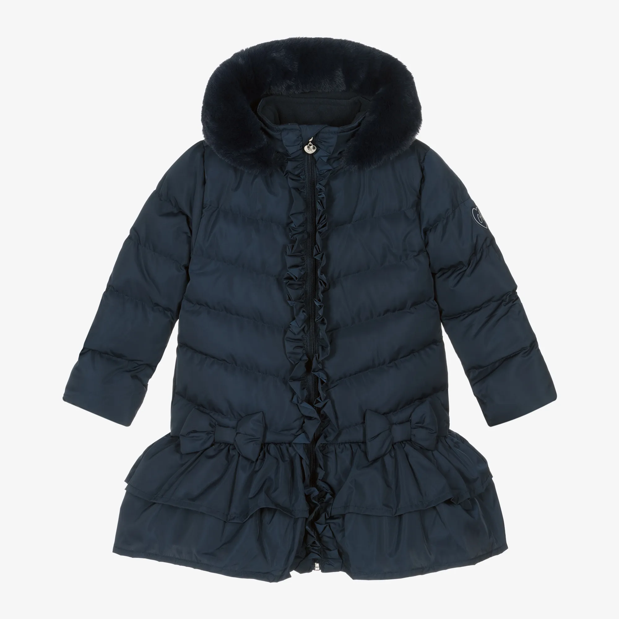 Girls Navy Blue Padded Ruffle Coat