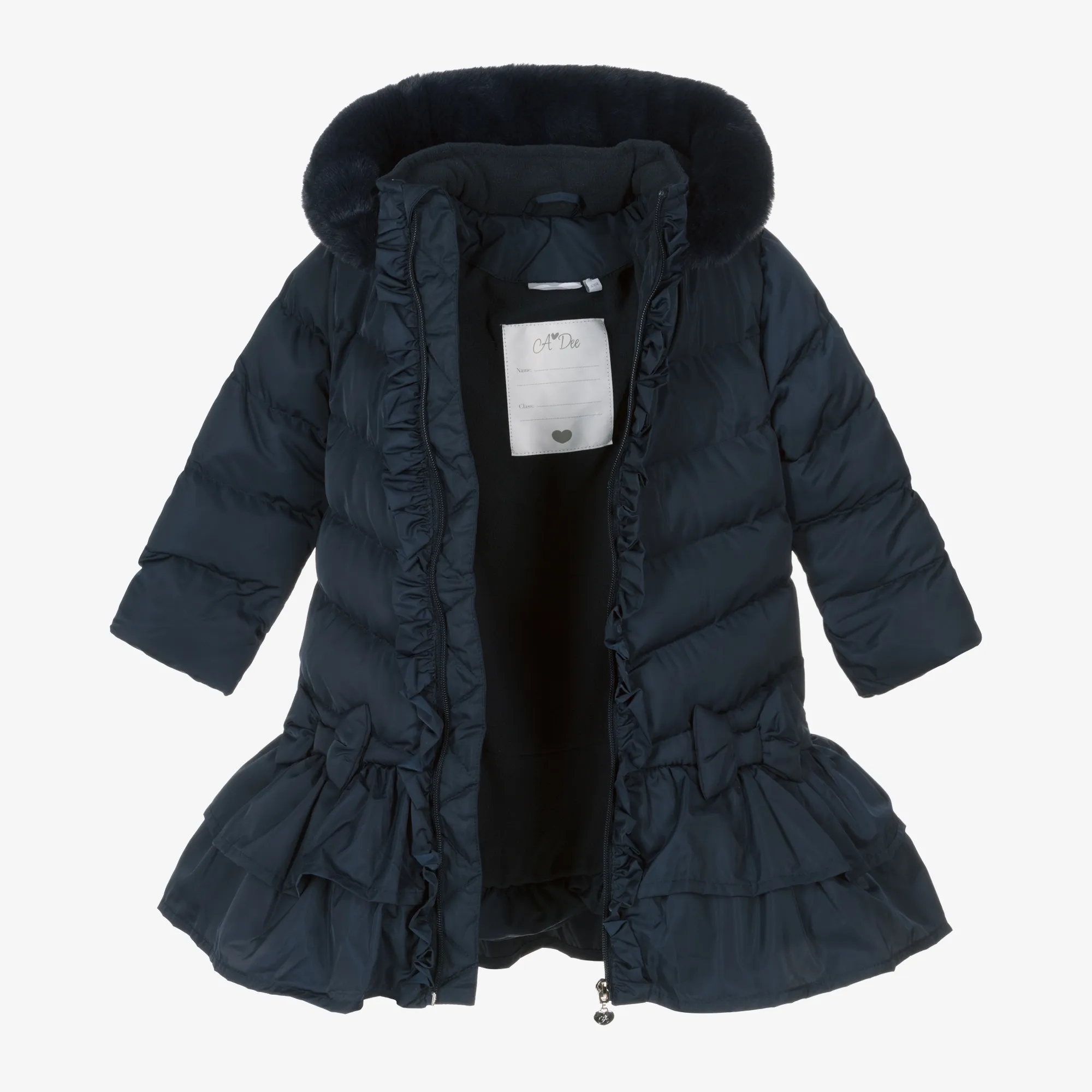 Girls Navy Blue Padded Ruffle Coat