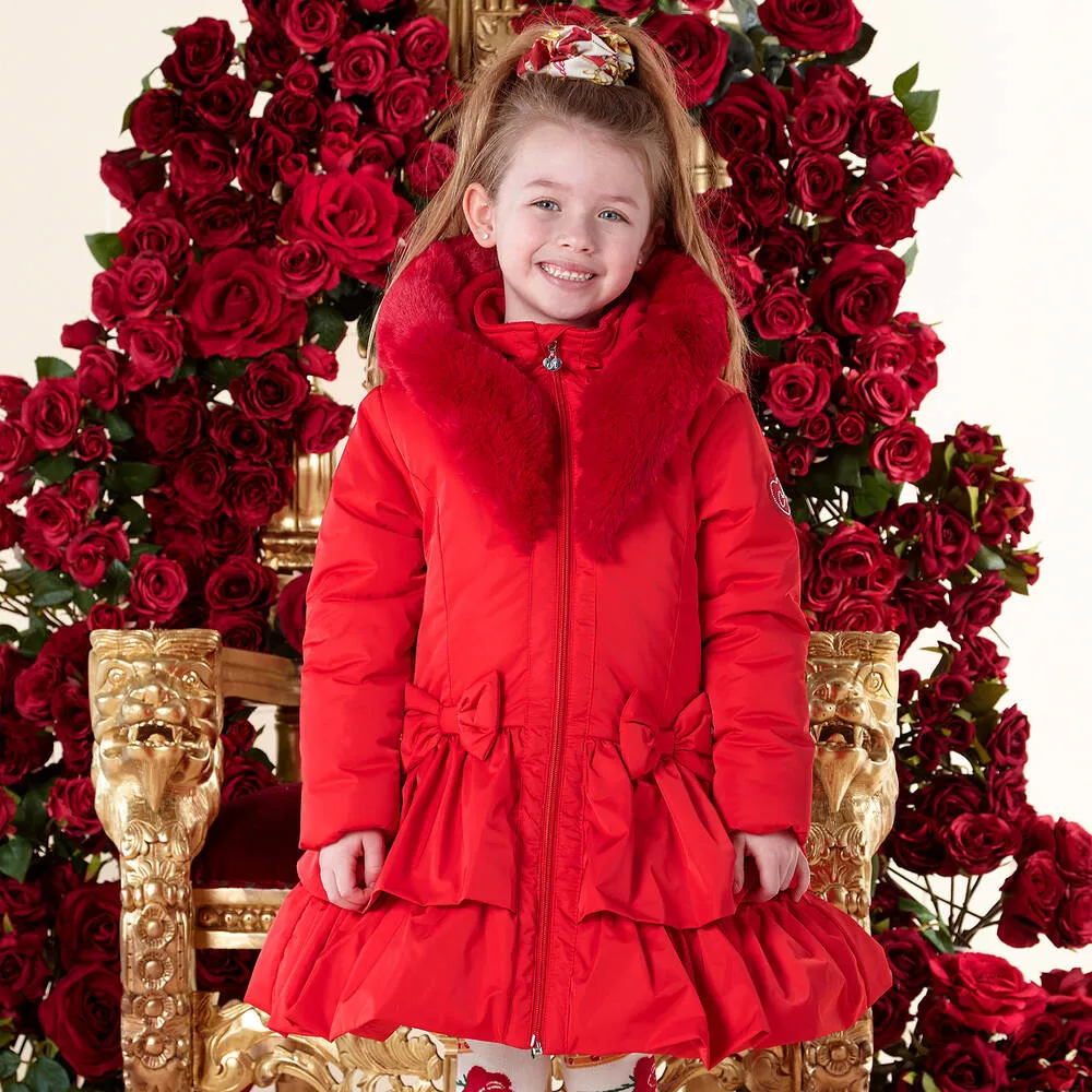 Girls Red Padded Ruffle Hooded Coat