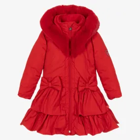 Girls Red Padded Ruffle Hooded Coat