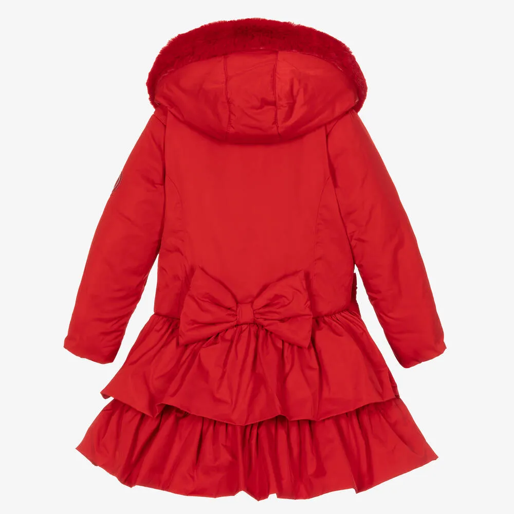 Girls Red Padded Ruffle Hooded Coat