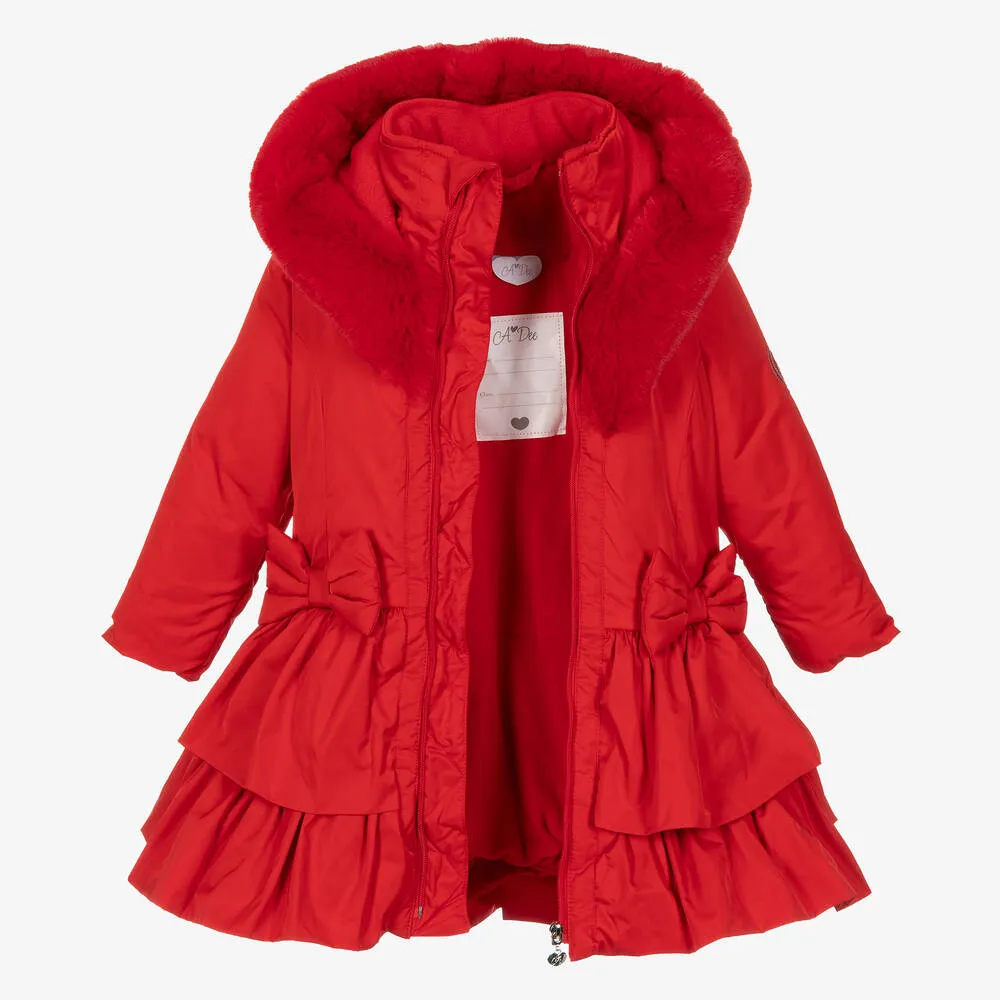 Girls Red Padded Ruffle Hooded Coat