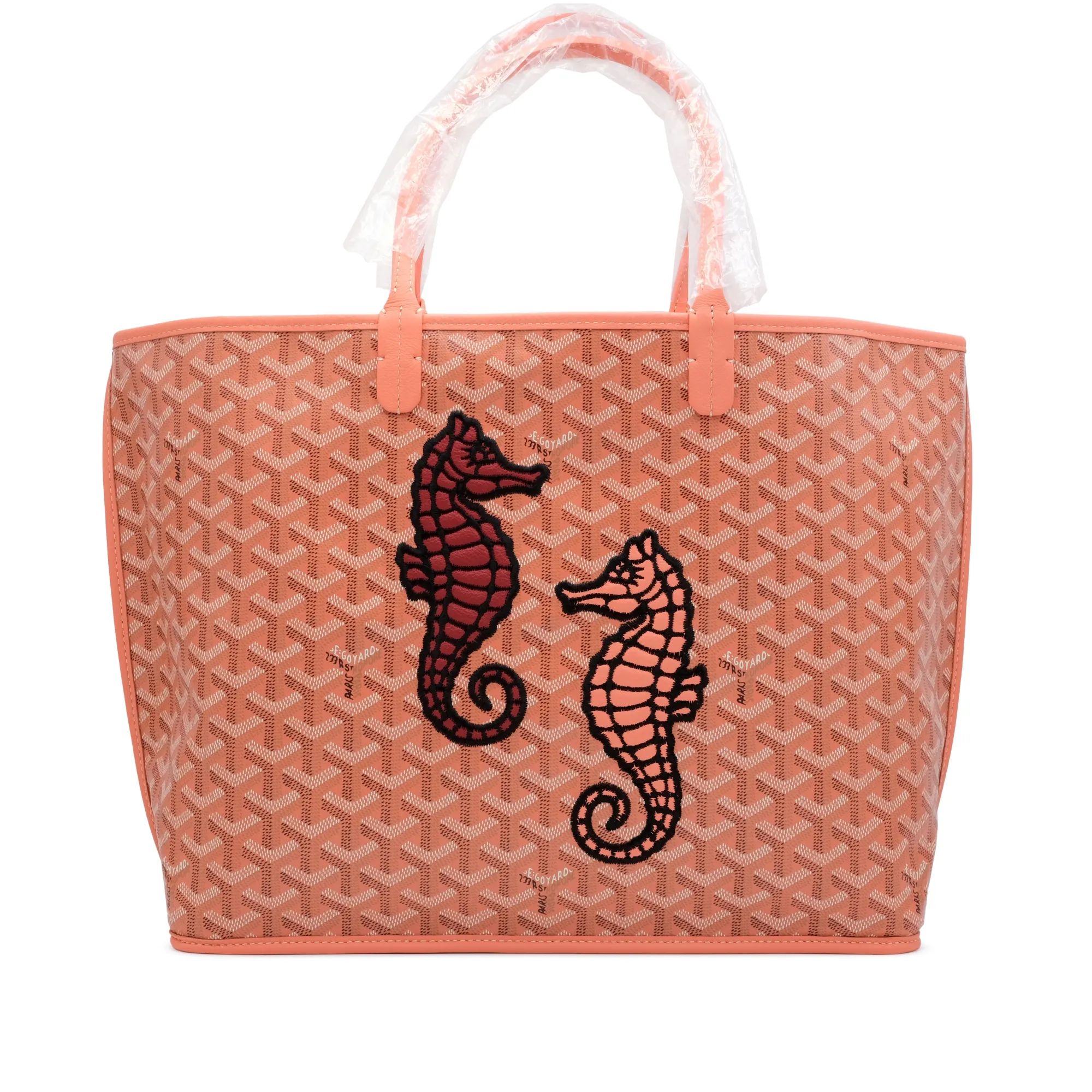 Goyard Coral Goyardine Canvas and Chevroches Calfskin Seahorse Embroidery Anjou PM Tote