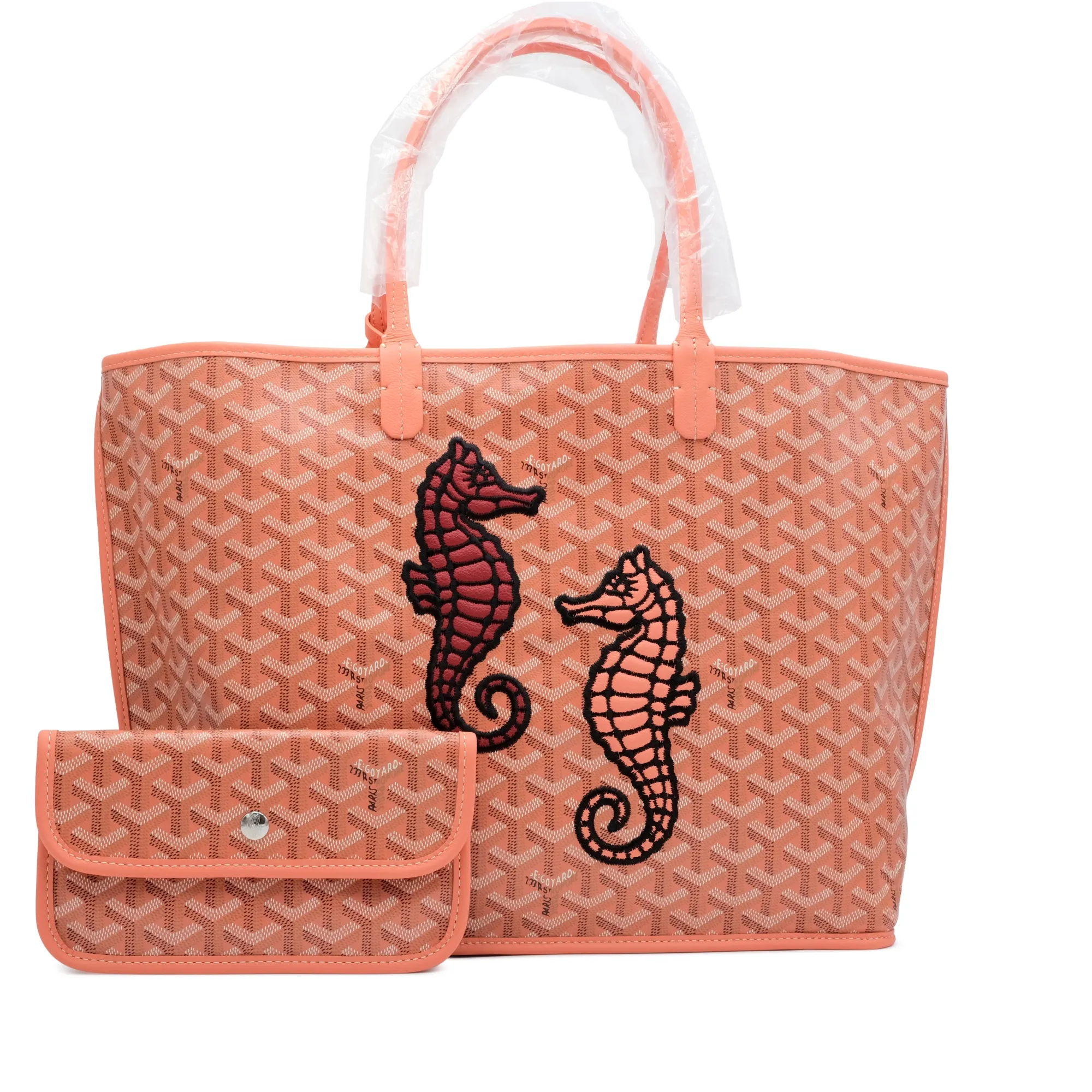 Goyard Coral Goyardine Canvas and Chevroches Calfskin Seahorse Embroidery Anjou PM Tote