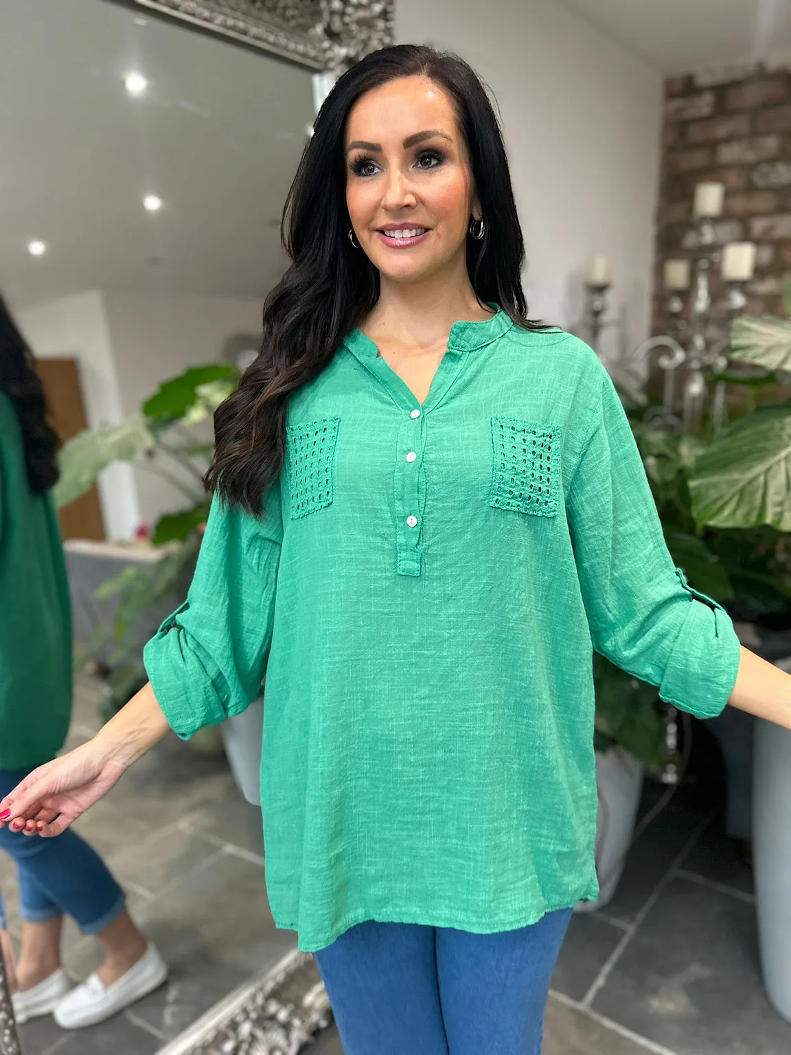 Green Multi Hole Button Sleeve Blouse Val