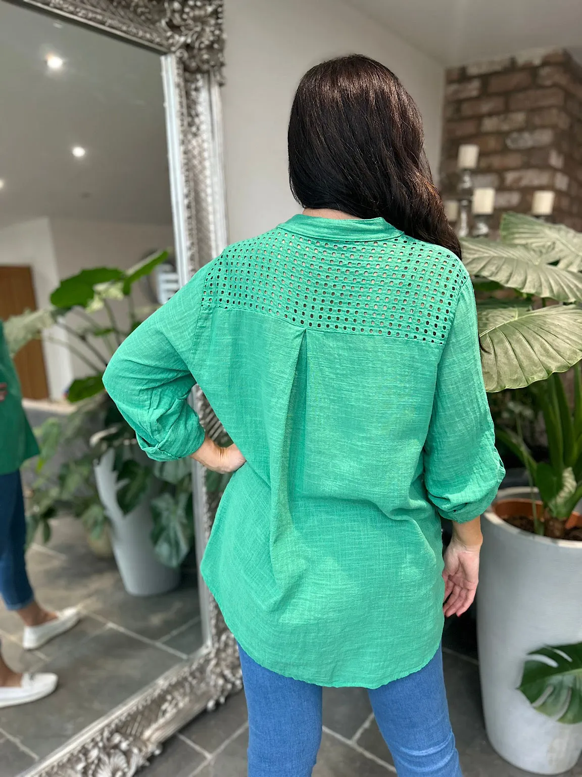 Green Multi Hole Button Sleeve Blouse Val