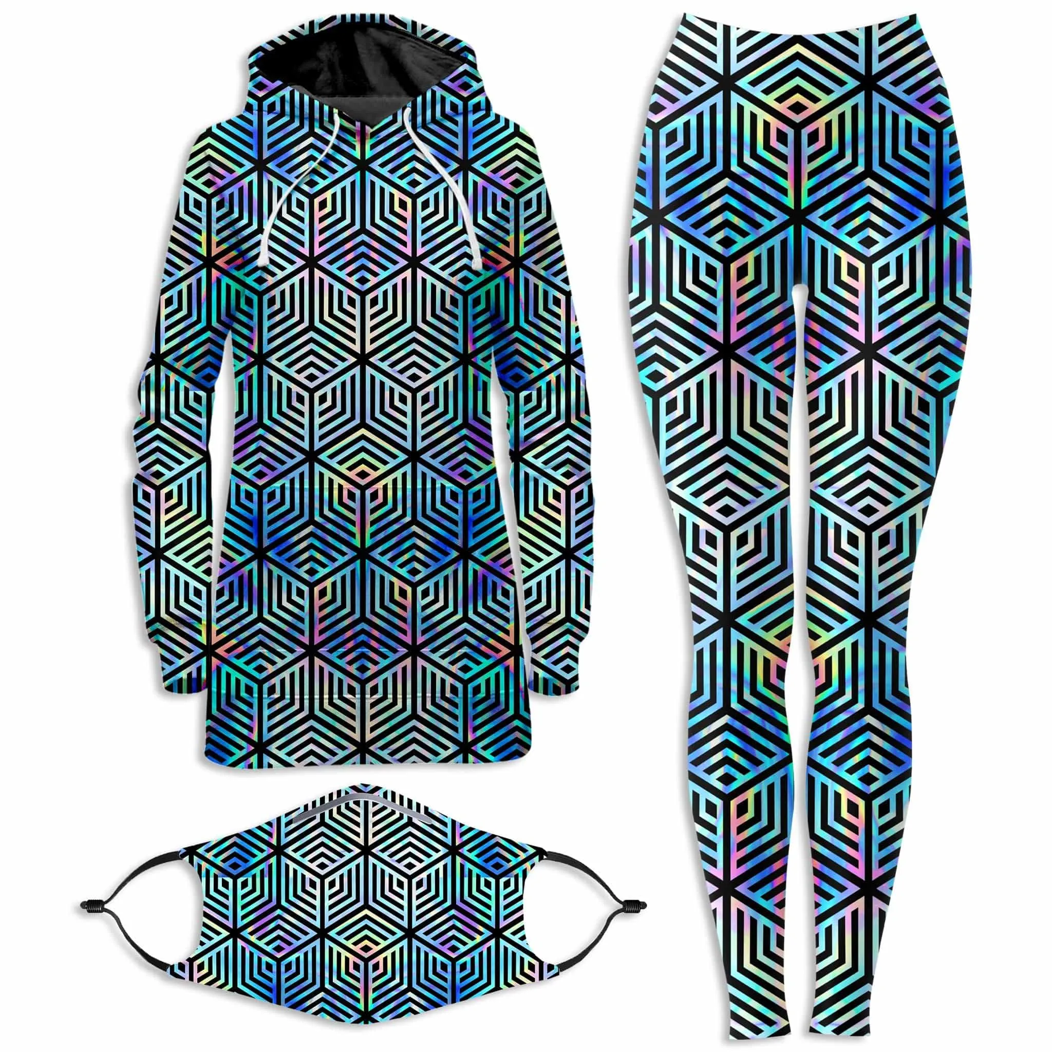 Holographic Hexagon Hoodie Dress and Leggings with PM 2.5 Face Mask Combo