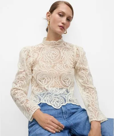 MANGO Women's High-Neck Sheer Cotton Lace Blouse