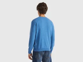 Marl blue V-neck sweater in pure Merino Wool - Blue | Benetton