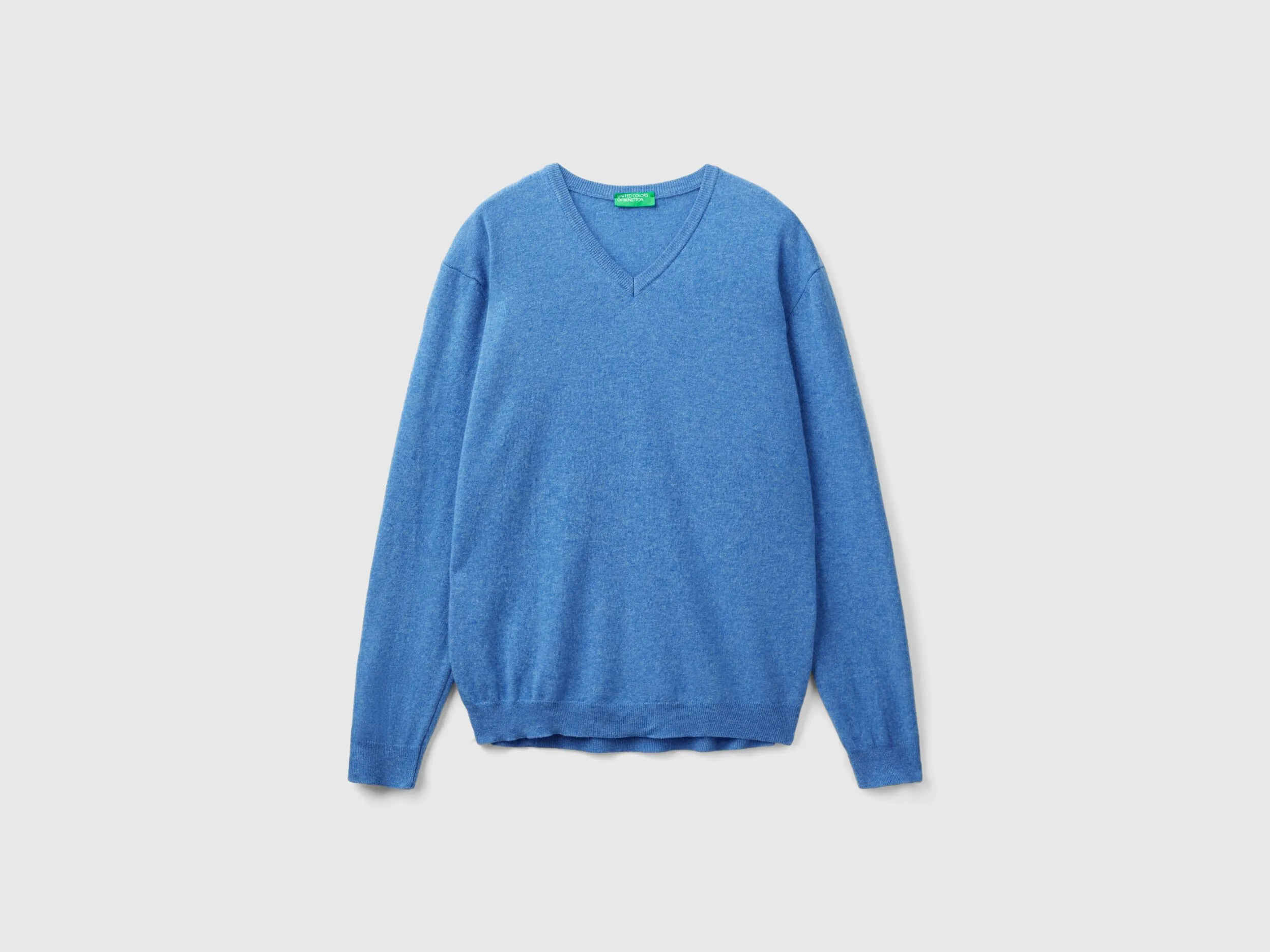 Marl blue V-neck sweater in pure Merino Wool - Blue | Benetton