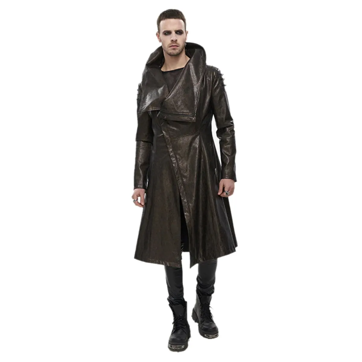 men's coat DEVIL FASHION - Villain Blues Punk Faux Leather Trench Coat - Brown - CT18002  -  Metal-shop