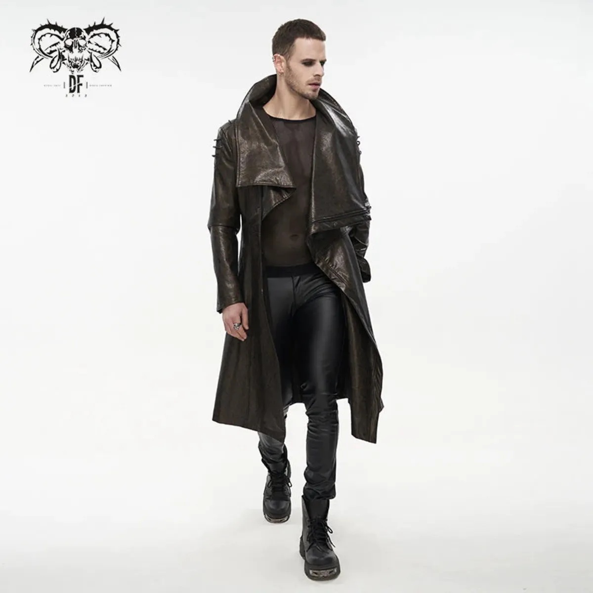 men's coat DEVIL FASHION - Villain Blues Punk Faux Leather Trench Coat - Brown - CT18002  -  Metal-shop