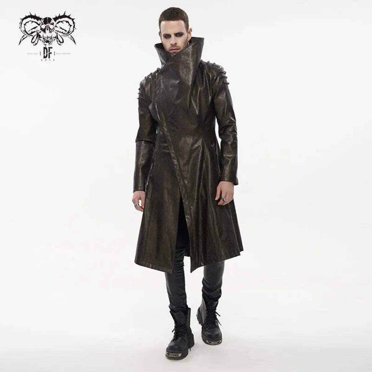 men's coat DEVIL FASHION - Villain Blues Punk Faux Leather Trench Coat - Brown - CT18002  -  Metal-shop