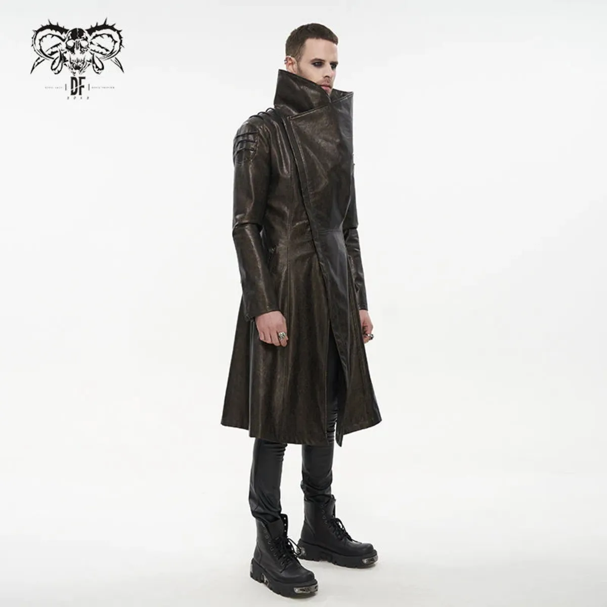 men's coat DEVIL FASHION - Villain Blues Punk Faux Leather Trench Coat - Brown - CT18002  -  Metal-shop