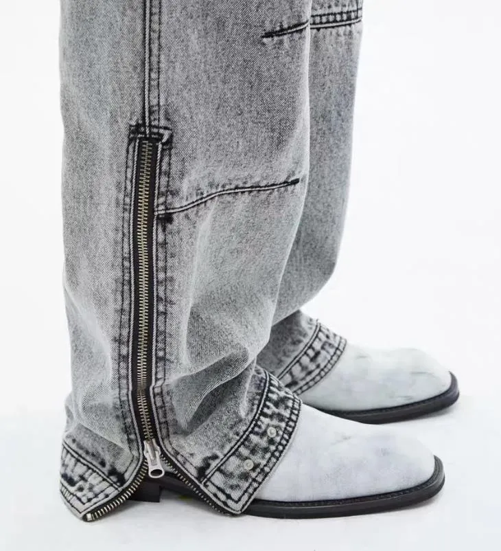 Men's Zipper Baggy Denim Pants Wash Retro Hiphop Leisure Men Clothing Trousers Hip Hop Jean Bottoms