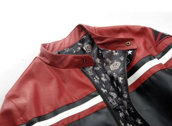 Motorcycle style leather jacket sports style Red Shoulder Design